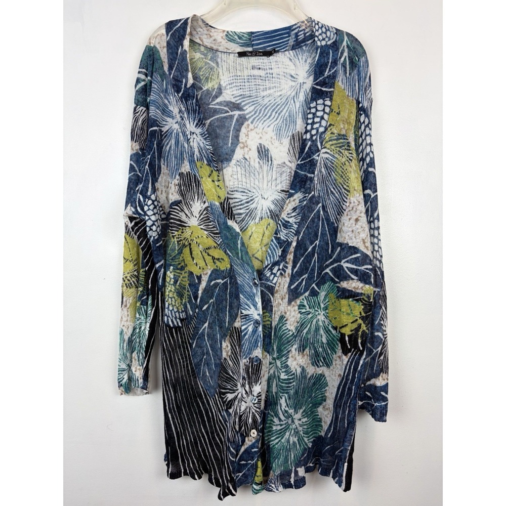 Nic+Zoe Cardigan Sweater Womens 1X Lightweight Linen Blend Tropical Print Casual